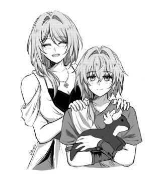 1boy 1girl anaxa&#039;s_sister_(honkai:_star_rail) anaxa_(hello_world!)_(honkai:_star_rail) anaxa_(honkai:_star_rail) bare_shoulders brother_and_sister dromas_(honkai:_star_rail) hashtag-only_commentary highres honkai:_star_rail honkai_(series) jewelry medium_hair necklace nirvelia official_alternate_costume open_mouth siblings side_ponytail smile twitter_username white_background