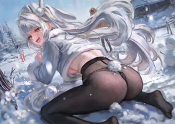 Rule 34 | 3girls, 777 (nikke), absurdres, ass, backboob, blanc (fortune express) (nikke), blanc (nikke), breasts, coat, commentary request, fake tail, fang, fur-trimmed collar, fur trim, goddess of victory: nikke, high-waist pantyhose, highres, hjwhuhu, kneeling, long hair, looking at viewer, looking back, multiple girls, no pants, noir (nikke), official alternate costume, official alternate hairstyle, open mouth, outdoors, panties, panties under pantyhose, pantyhose, rabbit tail, rouge (nikke), see-through pantyhose, skin fang, smile, snow, snowman, tail, twintails, underboob, underwear, very long hair, winter, winter clothes, winter coat, yellow eyes