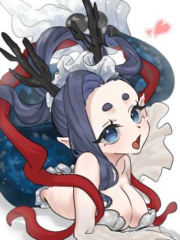 1girl antlers blue_eyes blue_hair breasts cleavage commentary_request heart highres horns izanami_(youkai_watch) large_breasts long_hair looking_at_viewer mermaid monster_girl nicomacomacoma open_mouth pointy_ears solo youkai_(youkai_watch) youkai_watch