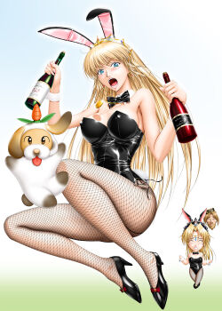 2girls animal animal_ears blonde_hair blue_eyes bottle carrot chibi crown dog fishnet_pantyhose fishnets floating_head hair_ornament high_heels highres holding holding_bottle long_hair looking_at_viewer multiple_girls pantyhose playboy_bunny rabbit_ears rabbit_hair_ornament sharon_(words_worth) takatan wine_bottle words_worth