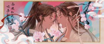 Rule 34 | 2boys, bishounen, black hair, black hanfu, branch, brown hair, calligraphy, chinese clothes, chinese text, closed eyes, closed mouth, cloud, commentary request, couple, face-to-face, fia (fialoveice), flower, from side, hair ribbon, hand on another's cheek, hand on another's face, hanfu, headband, heads together, high ponytail, highres, lan wangji, leaf, long hair, long sleeves, looking at another, male focus, modao zushi, multiple boys, pink flower, ponytail, profile, purple eyes, red ribbon, ribbon, seal impression, sidelocks, smile, smoke, upper body, wei wuxian, white hanfu, white headband, yaoi