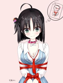 >_< 1girl absurdres ahoge animal_collar black_hair blue_skirt blue_vest blunt_ends blush bob_cut bound bound_wrists bow breasts buttons casual cleavage closed_mouth collar collarbone collared_shirt commentary content_rating cowboy_shot double-breasted embarrassed eyes_visible_through_hair green_eyes hair_between_eyes hair_bun hair_ornament hair_stick half_updo heart highres hitachi_mako imagining large_breasts long_sleeves looking_at_viewer medium_hair name_tag necktie nose_blush official_alternate_costume official_alternate_hairstyle one_side_up pink_background pink_collar pleated_skirt red_bow red_necktie red_ribbon ribbon senren_banka shirt signature simple_background single_side_bun skirt solo speech_bubble straight_hair sweat thought_bubble translated user_kges2285 v_arms vest wavy_mouth white_shirt