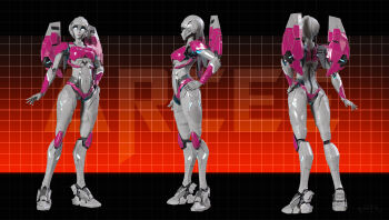 1girl 3d absurdres arcee ass autobot backpack bag blender_(medium) blue_eyes breasts colored_skin hand_on_own_hip highres humanoid_robot kevin_lumoindong mecha mecha_musume medium_breasts metal_skin panties pink_panties robot robot_girl solo thighs transformers underwear white_skin