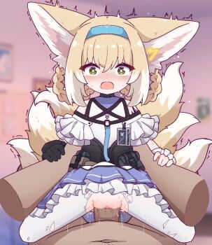 1boy 1girl age_difference animal_ear_fluff animal_ears arknights bedroom black_gloves blonde_hair blue_dress blue_hairband blush braid censored clothed_female_nude_male cowgirl_position disembodied_hand dress fox_ears fox_girl fox_tail frilled_dress frilled_skirt frills gloves grabbing_another's_arm green_eyes hair_between_eyes hairband hetero id_card indoors infection_monitor_(arknights) kitsune kurotofu large_ears loli looking_at_viewer material_growth medium_hair melting mosaic_censoring motion_lines multicolored_hair multiple_tails navel no_panties nose_blush nude off-shoulder_dress off_shoulder open_mouth oripathy_lesion_(arknights) pantyhose penis pouch pov pov_crotch pussy rope rottenduck sex shimenawa size_difference skirt straddling surprised suzuran_(arknights) tactical_clothes tail torn_clothes torn_pantyhose trembling two-tone_hair vaginal variant_set waist_grab white_fur white_hair white_pantyhose wide-eyed