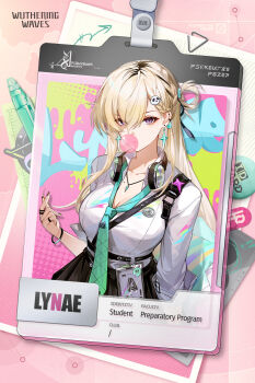 1girl aqua_necktie black_shirt blonde_hair blowing_bubble_gum braid braided_bangs breasts character_name chewing_gum cleavage collarbone commentary earrings english_commentary english_text hair_between_eyes hair_ornament headphones headphones_around_neck highres id_card jewelry large_breasts logo long_hair looking_at_viewer lynae_(wuthering_waves) necklace necktie official_art purple_eyes shirt shirt_tucked_in skull_hair_ornament solo star_(symbol) star_earrings white_shirt wuthering_waves