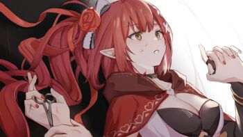 1girl :o black_bra bra breasts cleavage cloak commentary_request commission flower hair_flower hair_ornament highres holding_hands kohaku_teto large_breasts long_hair neo-porte pointy_ears red_cloak red_flower red_hair scissors solo_focus unacha underwear upper_body virtual_youtuber yellow_eyes