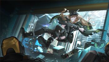 Rule 34 | 1girl, 2others, black cape, black footwear, black gloves, black shorts, black thighhighs, boots, broken glass, broken window, brown eyes, brown hair, cape, carabiner, cityscape, clenched teeth, commission, explosive, fingerless gloves, flashbang, full body, girls' frontline, girls' frontline 2: exilium, glass, gloves, grenade, grenade pin in mouth, gun, highres, holding, holding grenade, holding gun, holding weapon, knee pads, lan liyu renzi, lenna (girls' frontline 2), looking at viewer, multiple others, parted lips, rope, second-party source, shorts, single knee pad, teeth, thighhighs, torn clothes, torn thighhighs, trigger discipline, twintails, ump9 (girls' frontline), weapon