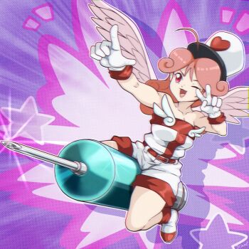 1girl bare_shoulders boots breasts cleavage dclaret dress duel_monster feathered_wings full_body glint hat heart highres injection_fairy_lily large_syringe long_hair nurse nurse_cap one_eye_closed oversized_object pink_hair pink_wings purple_background riding solo strapless strapless_dress syringe v white_boots white_dress wings yu-gi-oh!