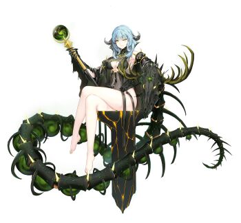1girl animal_skull ankle_ribbon antlers ark_order balor_(ark_order) bare_legs bare_shoulders barefoot black_dress black_gloves black_ribbon blue_hair bone breasts closed_mouth clothing_cutout crown darkness deer_skull detached_sleeves dress feet floating floating_object full_body gauntlets glint gloves highres holding holding_staff horns hourai_no_hangentsuki leg_ribbon long_sleeves medium_breasts medium_hair monster no_panties o-ring official_art one_eye_closed pale_skin plantar_flexion ribbon sidelocks sitting skeleton smile solo staff tachi-e throne transparent_background underboob_cutout wide_sleeves yellow_eyes