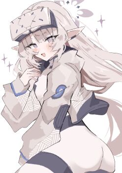 1girl :d blue_archive blush bodysuit earclip eyewear_on_head from_side halo hand_on_own_chest head-mounted_display highres himari_(armed)_(blue_archive) himari_(blue_archive) jacket long_hair looking_at_viewer mamiya076 mole mole_under_eye multicolored_halo official_alternate_costume open_mouth pointy_ears purple_eyes simple_background smile solo sparkle two-tone_halo white_background white_bodysuit white_hair white_halo