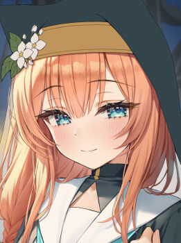 Rule 34 | 1girl, black dress, black veil, blue archive, blue eyes, blunt bangs, blush, braid, closed mouth, commentary, dress, eyelashes, flower, hair between eyes, hat, hat flower, kuro futoshi, long hair, looking at viewer, low-braided long hair, low-tied long hair, mari (blue archive), nun, orange hair, sidelighting, smile, solo, split mouth, unfinished, upper body, veil, white flower