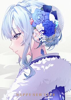 1girl aegyo_sal alternate_costume alternate_hairstyle blue_eyes blue_flower blue_hair blue_kimono blue_rose braid bright_pupils closed_mouth commentary crown_braid fascinator flower from_side fur_shawl grey_background hair_flower hair_ornament hair_up happy_new_year highres hololive hoshimachi_suisei japanese_clothes kanzashi kimono light_blush light_smile looking_ahead mirai99 new_year portrait profile rose shawl sidelocks simple_background solo star-shaped_pupils star_(symbol) symbol-shaped_pupils tassel tassel_hair_ornament updo virtual_youtuber white_flower white_pupils white_shawl