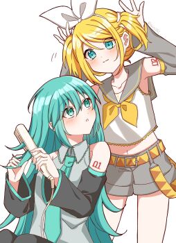 alternate_hairstyle aqua_eyes aqua_hair aqua_necktie aqua_trim arm_tattoo belt closed_mouth collarbone collared_shirt commentary_request detached_sleeves grey_sailor_collar grey_shirt grey_shorts hair_between_eyes hair_ornament hair_straightener hatsune_miku highres holding_hair_straightener kagamine_rin long_hair long_sleeves looking_at_another midriff mirumiru_(miru36i) navel neckerchief necktie number_tattoo open_mouth sailor_collar shirt short_shorts shorts simple_background sleeveless sleeveless_shirt straight_hair tattoo vocaloid white_background yellow_belt yellow_neckerchief yellow_trim