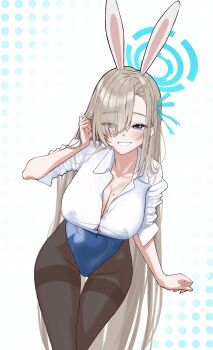 1girl absurdres animal_ear_hairband animal_ears asuna_(blue_archive) asuna_(bunny)_(blue_archive) blonde_hair blue_archive blue_eyes blue_halo blue_leotard blush breasts button_gap cbwook cleavage collarbone covered_groin eyes_visible_through_hair fake_animal_ears grin hair_over_one_eye hair_ribbon hairband halo highres large_breasts leotard long_hair looking_at_viewer mole mole_on_breast pantyhose rabbit_ear_hairband rabbit_ears ribbon shirt sleeves_rolled_up smile solo thighband_pantyhose very_long_hair white_shirt