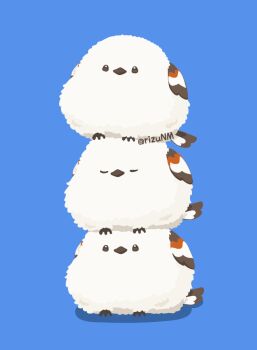 animal_focus beak bird blue_background closed_eyes commentary_request full_body long-tailed_tit looking_at_viewer original rizu_(rizunm) simple_background stack tit_(bird) twitter_username watermark