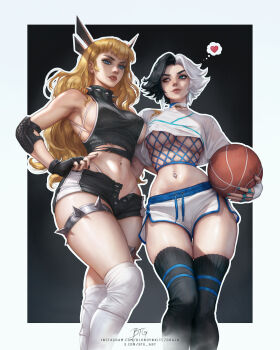 2girls absurdres artist_name ball bare_shoulders basketball_(object) black_gloves black_hair black_shorts black_thighhighs blonde_hair blondynkitezgraja blue_eyes breasts closed_mouth collar commentary elbow_pads english_commentary fingerless_gloves gloves hand_on_own_hip heart heterochromia highres holding holding_ball instagram_username large_breasts long_hair looking_at_another luna_snow magik_(x-men) marvel marvel_rivals midriff multicolored_hair multiple_girls navel new_mutants open_clothes open_shorts orange_eyes panties short_hair short_shorts shorts sideboob sleeveless sleeveless_sweater smile spiked_collar spikes sweater thighhighs torn_clothes torn_sweater turtleneck turtleneck_sweater twitter_username two-tone_hair underboob underwear watermark web_address white_gloves white_hair white_panties white_shorts white_thighhighs x-men yuri