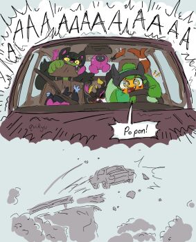 ! 1girl 1other 3boys :d animal_ears animal_focus artist_request bird car colored_sclera dog_ears driving falling fangs fezandipiti gen_9_pokemon glowing glowing_eyes happy highres laughing legendary_pokemon motor_vehicle multiple_boys munkidori nintendo no_humans ogerpon okidogi open_mouth outdoors pecharunt pokemon pokemon_(creature) scared sharp_teeth simple_background smile teamwork teeth vehicle_interior wings yellow_sclera