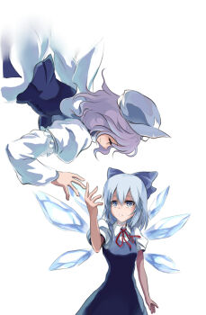 Rule 34 | 2girls, bad id, bad pixiv id, blue eyes, blue hair, cirno, closed eyes, hat, highres, letty whiterock, multiple girls, otaku (artist), purple hair, short hair, simple background, smile, tears, touhou, wings