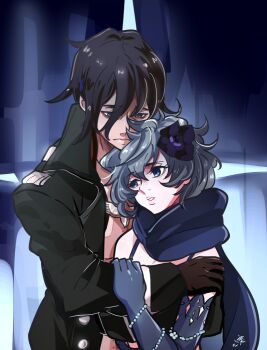 1boy 1girl black_hair blue_eyes blue_hair cent_(drag-on_dragoon) drag-on_dragoon drag-on_dragoon_3 empty_eyes flower flower_on_head holding_each_other kokomi_(aniesuakkaman) two_(drag-on_dragoon)