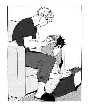 Rule 34 | 2boys, 5mll3, bakugou katsuki, boku no hero academia, book, border, closed mouth, couch, crew neck, drying, drying another's hair, drying hair, greyscale, holding, holding book, looking down, male focus, midoriya izuku, monochrome, multiple boys, on couch, open book, pants, pillow, reading, shirt, short hair, short sleeves, sitting, slippers, smile, spiked hair, t-shirt, towel, towel on head