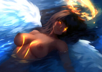 Rule 34 | 1girl, afloat, angel, angel wings, bad link, baddelz, black hair, breasts, breasts apart, cora (baddelz), dark-skinned female, dark skin, feathered wings, glowing, glowing eyes, glowing scar, halo, highres, large breasts, nude, one eye closed, orange eyes, original, partially submerged, scar, scar across eye, scar on face, solo, upper body, wings, yellow halo