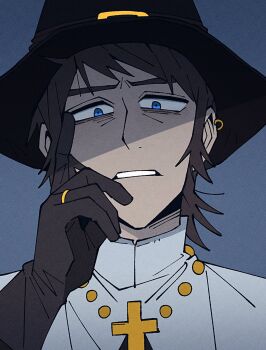 1boy black_gloves blue_background blue_eyes brown_hair capotain commentary cross cross_necklace english_commentary gloves hand_up haunted_hotel highres insidej043 jewelry looking_at_viewer male_focus necklace portrait priest_(haunted_hotel) ring short_hair simple_background solo