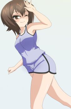 1girl ;) absurdres blue_shorts blue_tank_top breasts brown_eyes brown_hair clenched_hand girls_und_panzer highres large_breasts nishizumi_maho one_eye_closed recker short_hair shorts simple_background smile solo tank_top white_background