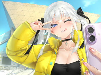 1girl bad_tag bishoujo_mangekyou:_norowareshi_densetsu_no_shoujo bishoujo_mangekyou_(series) black_choker breasts cellphone choker cleavage coat collarbone comiket_107 commentary_request cross_pendant day fingernails hand_up happoubi_jin highres holding holding_phone kagarino_kirie large_breasts long_hair long_sleeves looking_at_viewer nail_polish one_eye_closed open_clothes open_coat outdoors parted_lips phone pink_nails purple_eyes selfie smartphone solo taking_picture tokyo_big_sight tongue tongue_out twintails unzipped upper_body v v_over_eye white_coat white_hair