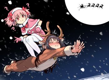2girls ? absurdres akemi_homura animal_costume bell black_hair blush bow breasts capelet child closed_eyes dress ebora fake_antlers flying full_moon fur_trim gloves hat highres jingle_bell kaname_madoka kyubey long_hair long_sleeves mahou_shoujo_madoka_magica medium_hair moon multiple_girls night onesie pantyhose pink_capelet pink_dress pink_eyes pink_gloves pink_hair pink_hat reindeer_costume santa_costume santa_hat short_twintails small_breasts smile snow standing_on_person twintails white_pantyhose
