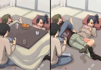 1girl 2boys black_hair blush brown_hair clothed_sex handheld_game_console kiku_hitomoji kotatsu multiple_boys panties playing_games playstation_portable ryo_(liver_sashi_daisuki!) sex spread_legs stealth stealth_sex sweater table tagme text_focus translated under_kotatsu under_table underwear video_game