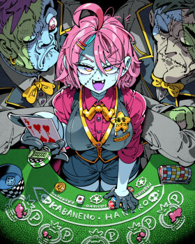 1girl 2boys ahoge blue_skin breasts card_(medium) casino closed_eyes coat colored_skin crossed_arms dice earrings fangs gloves green_skin grey_skin jewelry kafun large_breasts multiple_boys one_eye_closed open_mouth pale_skin pink_hair poker poker_chip shorts smile star-shaped_pupils star_(symbol) stitches symbol-shaped_pupils table vest zombie