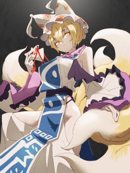 1girl adapted_costume animal_hat blonde_hair blue_tabard breasts clothing_cutout commentary_request dress fox_tail groin hat highres holding holding_ofuda kitsune large_breasts long_sleeves looking_at_viewer mob_cap multiple_tails ofuda ryouryou shoulder_cutout solo tabard tail thigh_cutout touhou white_dress wide_sleeves yakumo_ran yellow_eyes