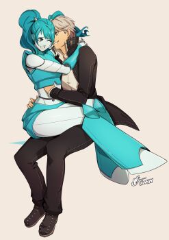 1boy 1girl android black_footwear black_jacket black_pants blue_hair blue_skirt colored_skin commission cosplay couple crop_top crossover eightyfourart full_body gakuran grey_eyes grey_hair hand_on_another&#039;s_stomach hand_under_clothes hands_on_another&#039;s_shoulders highres jacket jenny_wakeman jenny_wakeman_(cosplay) joints kujikawa_rise long_hair mechanical_arms mechanical_legs mechanization midriff miniskirt my_life_as_a_teenage_robot narukami_yu one_eye_closed pants persona persona_4 robot robot_joints school_uniform screw shirt signature sitting sitting_on_lap sitting_on_person skirt smile teeth twintails white_background white_shirt y2k_fashion yasogami_school_uniform