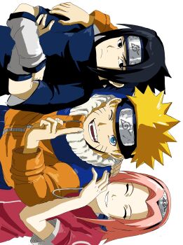 Rule 34 | 0000ff991, 1girl, 2boys, commentary request, facial mark, flak jacket, forehead protector, happy, haruno sakura, highres, jacket, konohagakure shinobi uniform, konohagakure symbol, korean commentary, multiple boys, naruto (classic), naruto (series), ninja, orange jacket, smile, spiked hair, team 7 (naruto), uchiha sasuke, uzumaki naruto, whisker markings