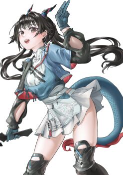 1girl arknights arknights:_endfield arm_cutout arm_up black_eyes black_hair black_thighhighs blue_gloves blue_jacket chen_qianyu_(arknights) chinese_commentary clothing_cutout commentary_request cowboy_shot gloves highres holding horns jacket long_hair looking_at_viewer neti_(cpu11151) open_clothes open_jacket open_mouth red_jacket shirt simple_background skindentation skirt solo standing tail thighhighs two-sided_fabric two-sided_jacket white_background white_shirt white_skirt