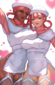 Rule 34 | 2girls, blue eyes, breasts, closed mouth, commentary, cow, dark-skinned female, dark skin, dress, english commentary, garter straps, hair between eyes, hair rings, hat, highres, joy (pokemon), joy (pokemon legends: z-a), large breasts, long hair, multiple girls, nintendo, off-shoulder dress, off shoulder, panties, parted lips, pelvic curtain, pink sweater, pokemon, pokemon legends: z-a, side slit, sweater, sweater under dress, thighhighs, thighs, turtleneck, turtleneck sweater, underwear, wei (promise 0820), white background, white dress, white hat, white panties, white thighhighs