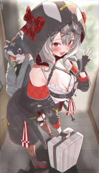Rule 34 | 1girl, :d, absurdres, backpack, bag, bare shoulders, belt, black belt, black gloves, black hair, breasts, caution tape, cleavage, commentary request, fang, fingerless gloves, frills, gloves, grey hair, hair between eyes, hair ornament, heart, highres, hololive, hood, inu (sakamata chloe), large breasts, long hair, long sleeves, looking at viewer, multicolored hair, open mouth, red eyes, sakamata chloe, sakamata chloe (1st costume), smile, takion, virtual youtuber, x hair ornament