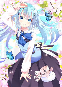 1girl :d animal arm_up blue_bow blue_bowtie blue_butterfly blue_eyes blue_hair blush bow bowtie breasts bug butterfly commentary_request flower gochuumon_wa_usagi_desu_ka? hair_ornament hairpin hat highres insect kafuu_chino kohakugin long_hair long_sleeves looking_at_viewer open_mouth pink_hat rabbit small_breasts smile solo tippy_(gochiusa) x_hair_ornament
