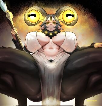 1girl alternate_form apron breasts breasts_apart clothing_cutout commentary covered_erect_nipples degenerateomni disembodied_eye earrings elden_ring elden_ring_nightreign english_commentary extra_eyes eyeshadow feet_out_of_frame fur_trim gameplay_mechanics genderswap genderswap_(mtf) glowing glowing_eyes gluteal_fold goat_horns goat_legs grey_hair hand_on_own_knee highres hoop_earrings hooves horizontal_pupils horns huge_breasts jewelry libra_(elden_ring) mage_staff makeup monster monster_focus navel parted_bangs pelvic_curtain pointy_ears runny_makeup see-through_clothes signature simple_background smile solo squatting staff thighs underboob very_big_eyes white_apron yellow_eyes