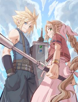1boy 1girl aerith_gainsborough bangle belt bervens12 black_gloves black_pants blonde_hair blue_eyes blue_shirt bracelet braid braided_ponytail breasts brown_belt brown_hair buster_sword closed_mouth cloud cloud_strife cloudy_sky cropped_jacket dress final_fantasy final_fantasy_vii final_fantasy_vii_rebirth final_fantasy_vii_remake from_below gloves green_eyes hair_between_eyes hair_ribbon hand_in_pocket highres holding holding_staff holding_sword holding_weapon jacket jewelry long_dress long_hair materia medium_breasts multiple_belts pants parted_bangs pink_dress pink_ribbon red_jacket ribbon shirt short_hair short_sleeves sidelocks single_bare_shoulder single_braid sky sleeveless sleeveless_turtleneck smile spiked_hair staff suspenders sword turtleneck weapon
