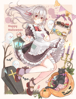 Rule 34 | 1girl, animal, apron, bandages, bandaid, bandaid on arm, bare tree, bat (animal), black cat, black dress, black skirt, blush, bow, bowtie, brooch, candelabra, candlestand, candy, candy wrapper, cat, coffin, collared dress, commentary request, cross, cross hair ornament, cupcake, disembodied eye, disembodied hand, donut, double-parted bangs, dress, earrings, fish earrings, floating hair, food, full body, gauze on knee, ghost, hair between eyes, hair ornament, halloween, halloween bucket, happy halloween, highres, holding, holding lantern, jewelry, knees together feet apart, lantern, latin cross, lollipop, long hair, looking at viewer, maid, maid apron, maid headdress, mary janes, original, paint splatter, parted lips, patch, pennant, petticoat, puffy short sleeves, puffy sleeves, pumpkin, red bow, red bowtie, red eyes, shoes, short sleeves, skirt, stitched face, stitched leg, stitches, striped bow, tententuyu, tiered tray, tree, white hair, wrist cuffs