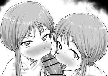 1boy 2girls absurdres bar_censor blush censored collarbone cooperative_fellatio elpeo_puru fellatio greyscale gundam gundam_zz highres kaiman_garupan licking looking_at_viewer monochrome multiple_girls nose_blush oral penis pov puru_two short_hair_with_long_locks siblings sisters sweat teamwork_(sexual) tongue tongue_out twins v-shaped_eyebrows white_background