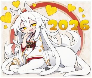 1girl 2026 ahoge animal_ears centaur chinese_zodiac commentary_request dorodra_(kisaragi_kaya) fang full_body hair_between_eyes hair_flaps hand_on_own_chin horse_ears japanese_clothes kimono kisaragi_kaya long_hair long_sleeves looking_at_viewer new_year obi open_mouth original print_kimono sash sidelocks single_sleeve_past_wrist skin_fang smile solo taur very_long_hair white_hair white_kimono wide_sleeves year_of_the_horse yellow_eyes
