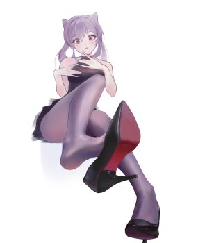 1girl artist_request bad_id bad_pixiv_id breasts cone_hair_bun genshin_impact hair_bun hair_ears head_tilt high_heels highres keqing_(genshin_impact) long_hair looking_at_viewer pantyhose purple_eyes purple_hair simple_background sleeveless solo white_background