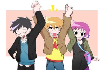 1girl 2boys akt_xp arm_up bag black_eyes black_hair blonde_hair closed_eyes collared_shirt denim dress grin hand_on_own_hip highres holding_hands jacket jeans long_sleeves multicolored_hair multiple_boys open_mouth pants pantyhose purple_hair ramona_flowers scott_pilgrim scott_pilgrim_(series) scott_pilgrim_takes_off shirt short_hair smile sweater wallace_wells