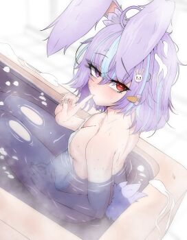 Rule 34 | 1girl, absurdres, animal ear fluff, animal ears, bathing, bathtub, blue streaks, blush, breasts, carrot hair ornament, closed mouth, commentary, english commentary, feet out of frame, finger to mouth, food-themed hair ornament, from side, hair ornament, hand up, heterochromia, highres, in bathtub, looking at viewer, mayoa, medium breasts, multicolored hair, naked towel, original, purple eyes, rabbit ears, rabbit girl, rabbit hair ornament, rabbit tail, red eyes, short hair, solo, steam, streaked hair, tail, towel, white background