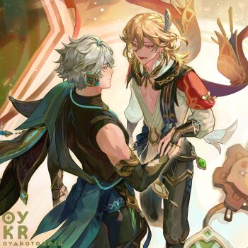 Rule 34 | 2boys, absurdres, alhaitham (genshin impact), aqua hair, artist name, black gloves, black shirt, blonde hair, cape, closed mouth, commentary, compression shirt, earrings, eye contact, feather hair ornament, feathers, fingerless gloves, from above, genshin impact, gloves, gold earrings, green cape, grey hair, hair between eyes, hair ornament, highres, holding hands, jewelry, kaveh (genshin impact), looking at another, male focus, multicolored hair, multiple boys, oyakorodesu, pectoral cleavage, pectorals, red eyes, shirt, short hair, side cape, sleeveless, sleeveless shirt, standing, streaked hair, two-tone hair, white shirt