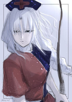 Rule 34 | 1girl, black eyes, blue dress, blue hat, bow (weapon), closed mouth, commentary request, dress, expressionless, grey background, hair between eyes, hane (azelye), hat, highres, holding, holding bow (weapon), holding weapon, long bangs, long hair, looking at viewer, nurse cap, red dress, short sleeves, solo, touhou, two-tone dress, upper body, weapon, white hair, yagokoro eirin