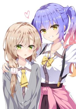 2girls :d blue_hair blue_nails blush bow bowtie breasts brown_hair brown_skirt cardigan cardigan_around_waist clothes_around_waist collarbone collared_shirt cowboy_shot d: eyes_visible_through_hair frown gradient_hair green_eyes grey_cardigan grin gyaru hair_between_eyes hair_intakes hair_ornament hair_scrunchie hand_on_another&#039;s_shoulder hands_up happy heart height_difference highres hug jewelry kogal kohibari_kurumi large_breasts long_hair long_sleeves looking_at_viewer low_side_ponytail mikuni_sairi mizuka_academy_school_uniform multicolored_hair multicolored_nails multiple_girls nail_polish necklace necktie open_cardigan open_clothes open_mouth orange_hair partially_unbuttoned pink_cardigan pink_hair school_uniform scrunchie sesen2000 shirt short_necktie sidelocks simple_background skirt smile suspender_skirt suspenders tenshi_souzou_re-boot! twintails upper_body white_background white_scrunchie white_shirt yellow_bow yellow_bowtie yellow_eyes yellow_nails yellow_necktie