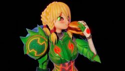 1girl 2024 3d animated arm_at_side arm_cannon armor black_background blonde_hair blush_stickers braid braided_ponytail burger collarbone colored_sclera commentary eating english_commentary feather_hair_ornament female_focus food glowing green_armor green_sclera hair_ornament happy holding holding_food licking_lips long_hair looping_animation low-braided_long_hair low-tied_long_hair metroid metroid_dread metroid_suit nintendo power_suit_(metroid) red_eyes samus_aran sayuriartsy sharp_teeth simple_background solo teeth tongue tongue_out upper_body video weapon